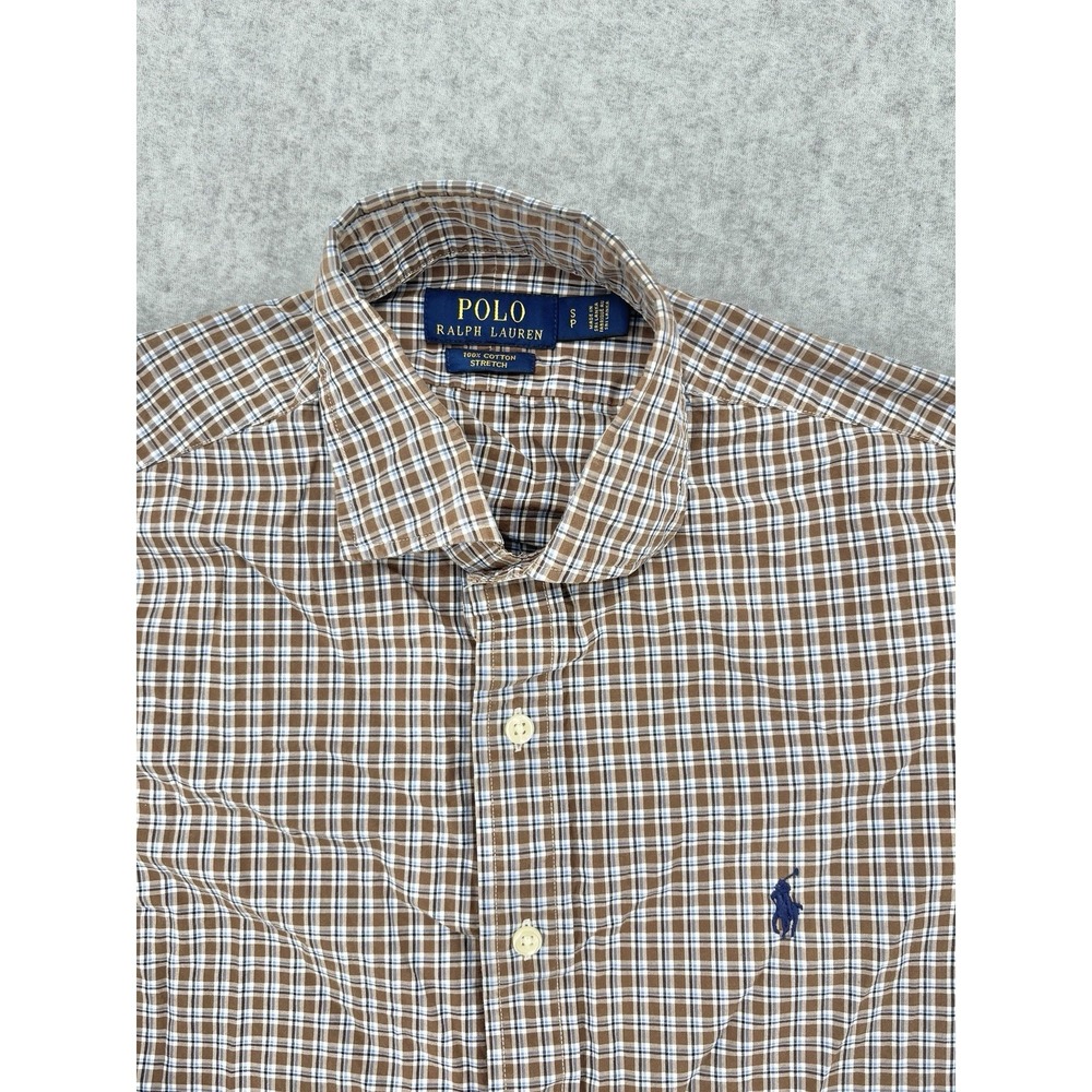 Polo Ralph Lauren Plaid Button Front Shirt Brown Blue Small Cotton Stretch - Picture 2 of 11